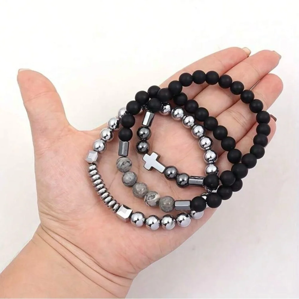 Cross Black and Silver Metal Beaded Bracelets, Set of 3